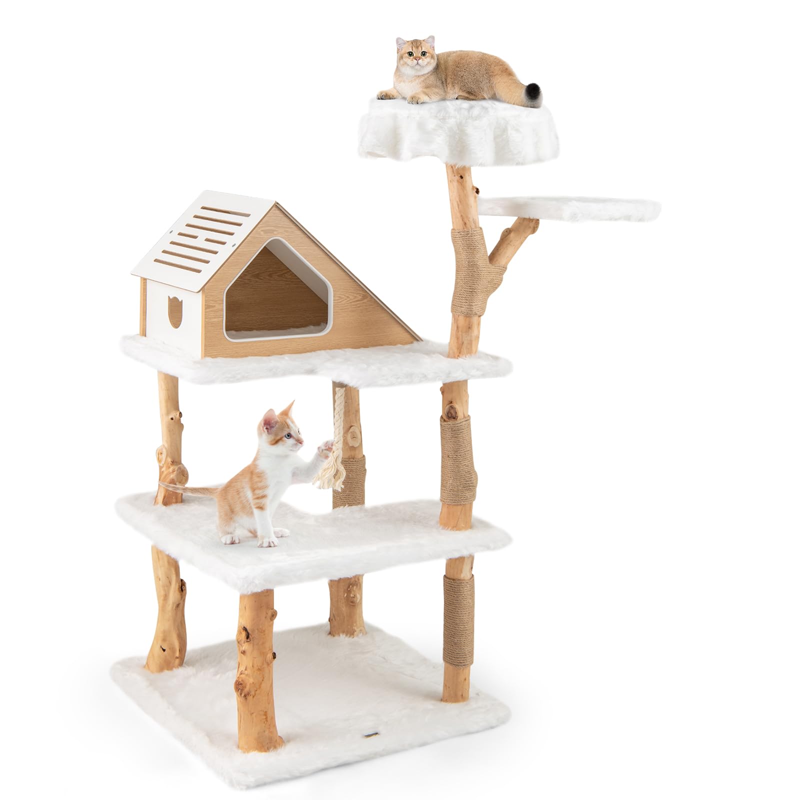 Arbre à chat Tangkula en bois massif, tour à chat moderne en bois avec poteaux à griffer en jute, 2 perchoirs, niche